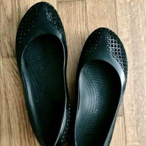 Crocs, size 8, black with star cut-outs